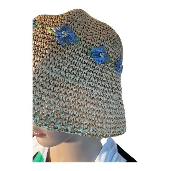 Women’s Beige Woven Paper Hat with Light Blue Flowers One Size Fits Most 12x8in - Picture 4 of 16